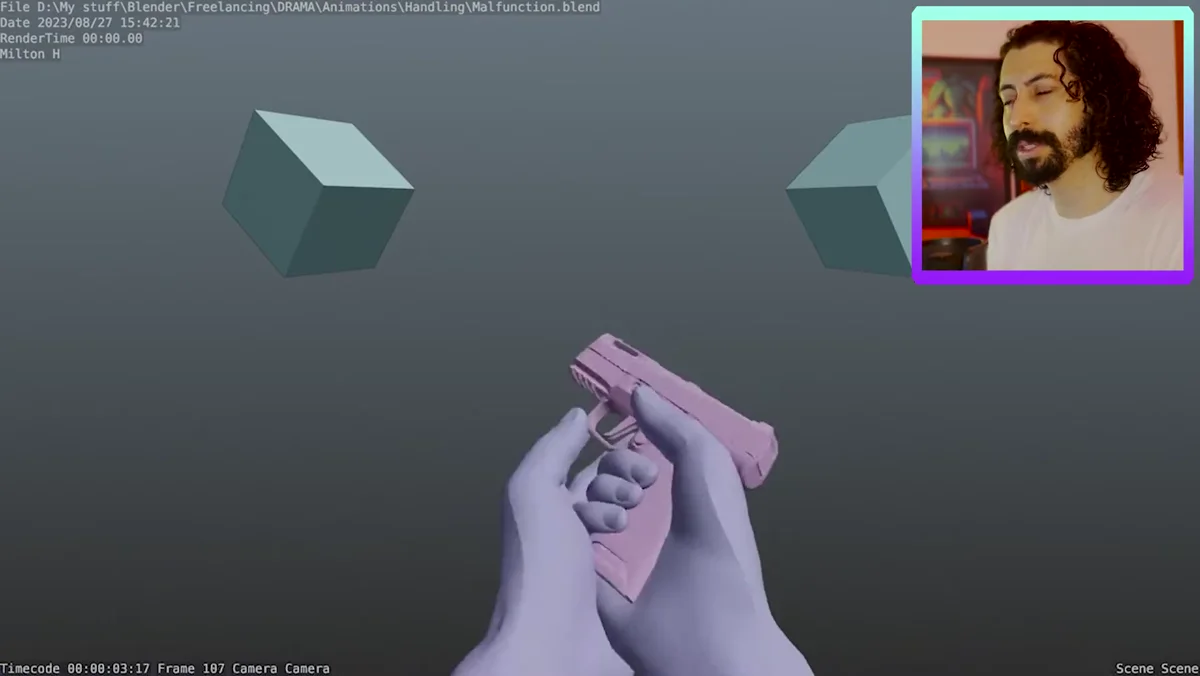 Mãos em primeira pessoa segurando uma pistola rosa em uma cena de animação no Blender
