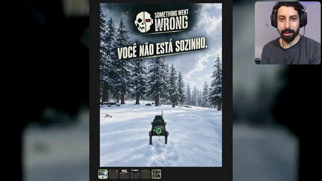 Peças publicitárias do jogo com robô e cenas de gameplay