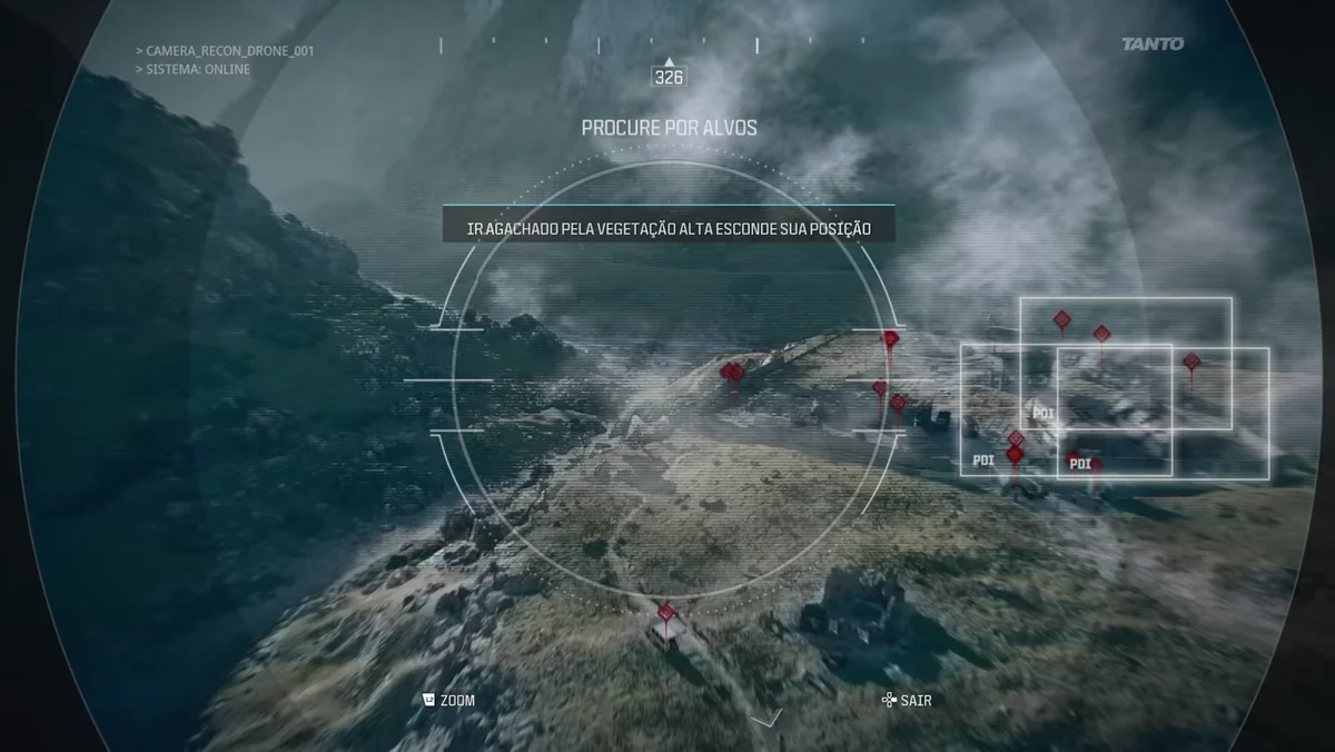 Visão de drone de reconhecimento sobre montanhas com névoa em Call of Duty Modern Warfare 3