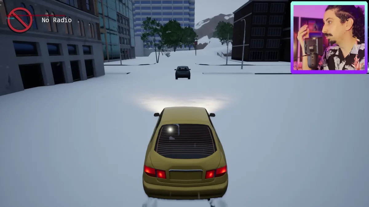 Carro amarelo em rua coberta de neve em cidade 3D