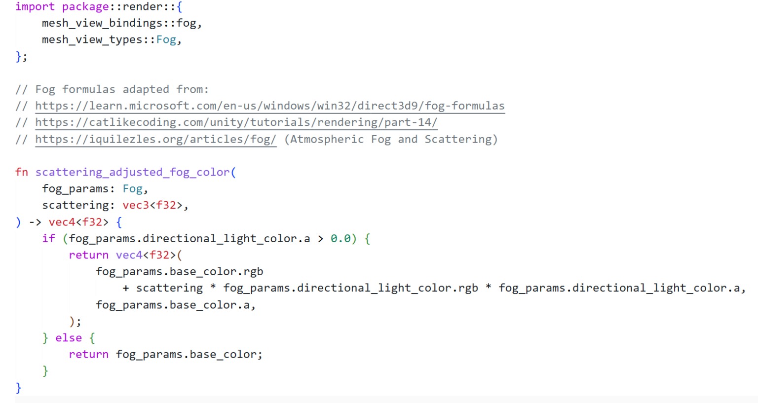 A Bevy fog shader with WESL syntax highlighting