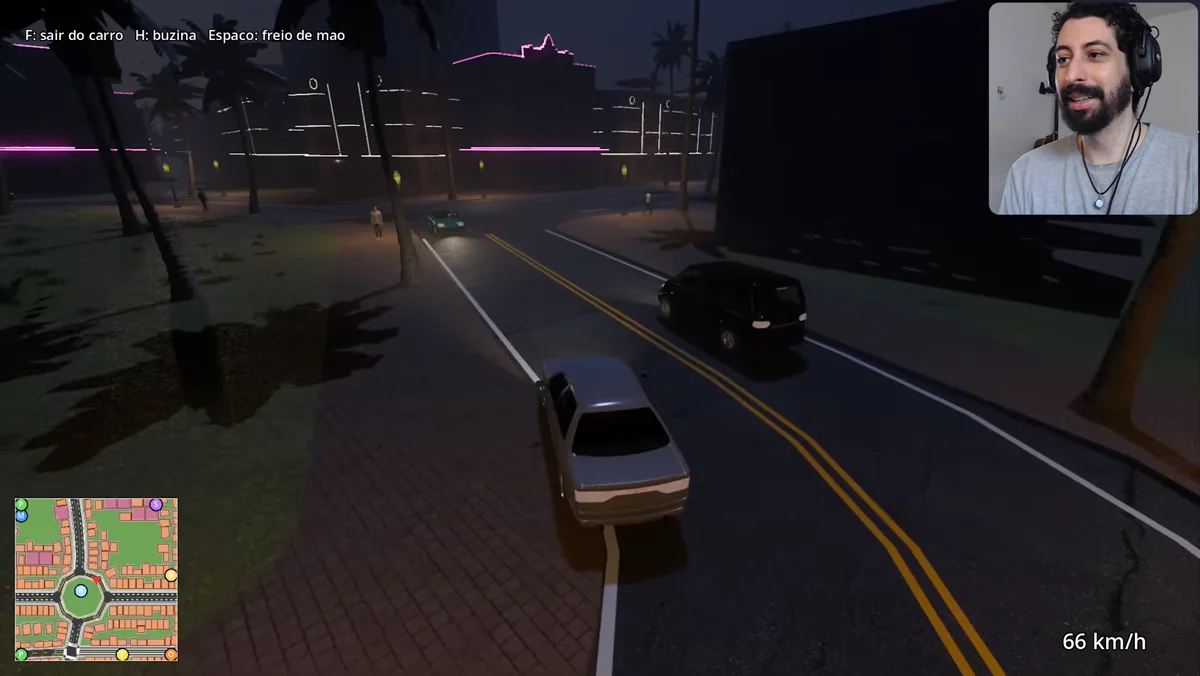 Carro dirigindo à noite em rua iluminada no GTA criado com IA na Godot, com minimapa