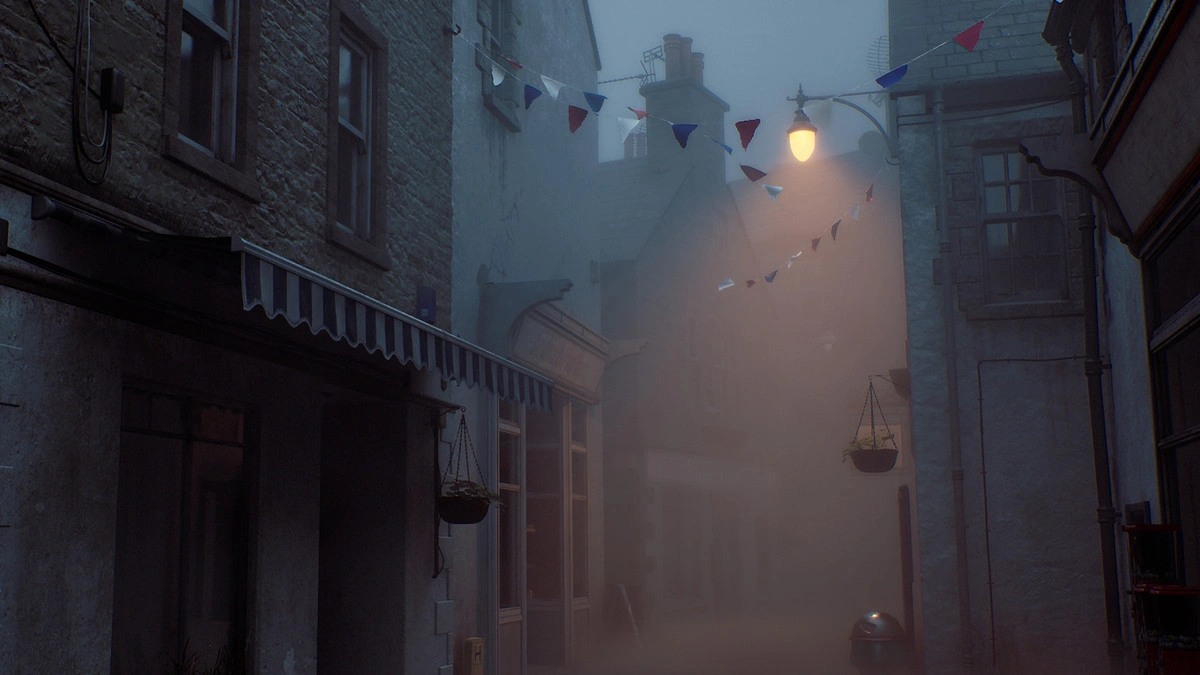 An atmospheric street in the Scottish harbor town of St. Amelia in ‘SILENT HILL: Townfall’.