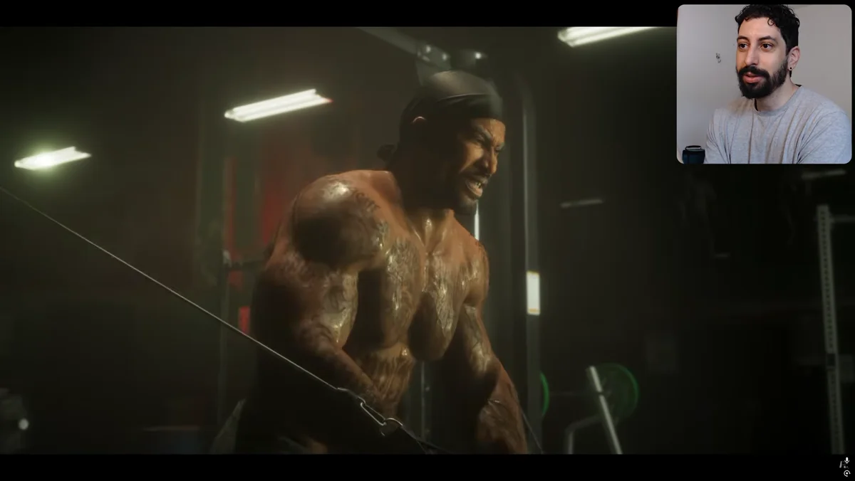 Personagem musculoso de GTA 6 treinando em academia, com a pele brilhando de suor