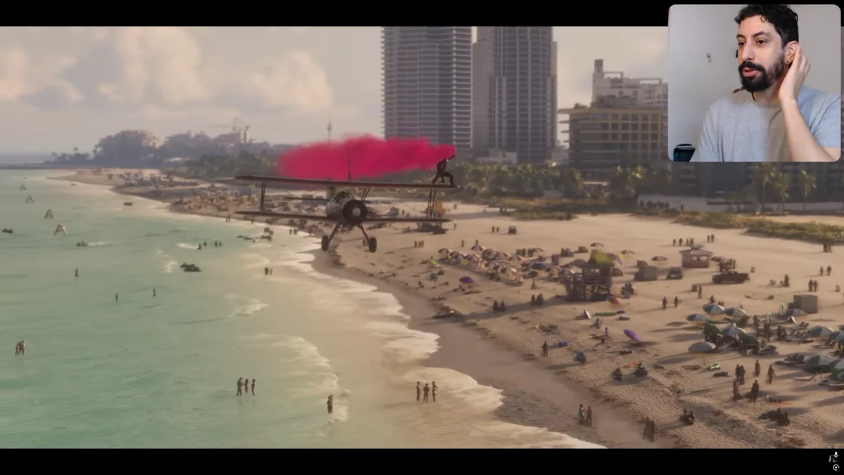 Praia lotada em GTA 6 com prédios ao fundo e avião biplano soltando fumaça rosa
