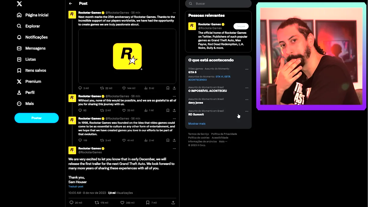 Trecho do vídeo discute a trajetória da Rockstar e da série GTA