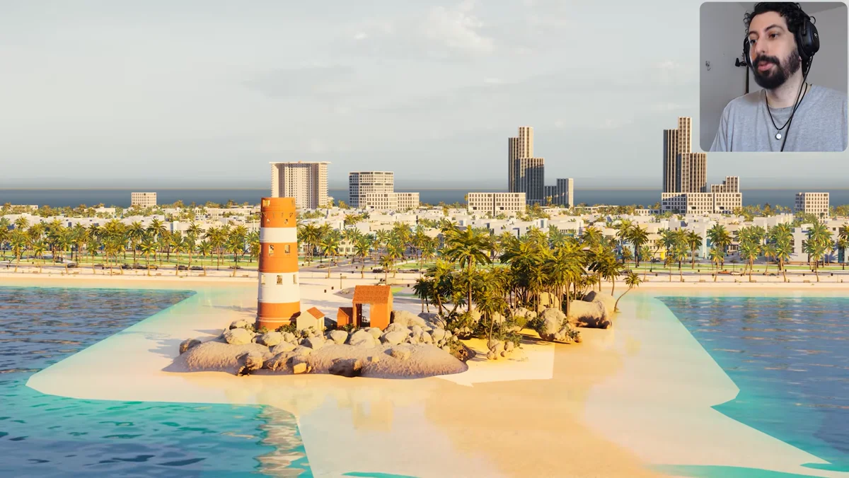 Ilha com farol listrado, pedras e palmeiras diante da cidade no GTA feito na Godot