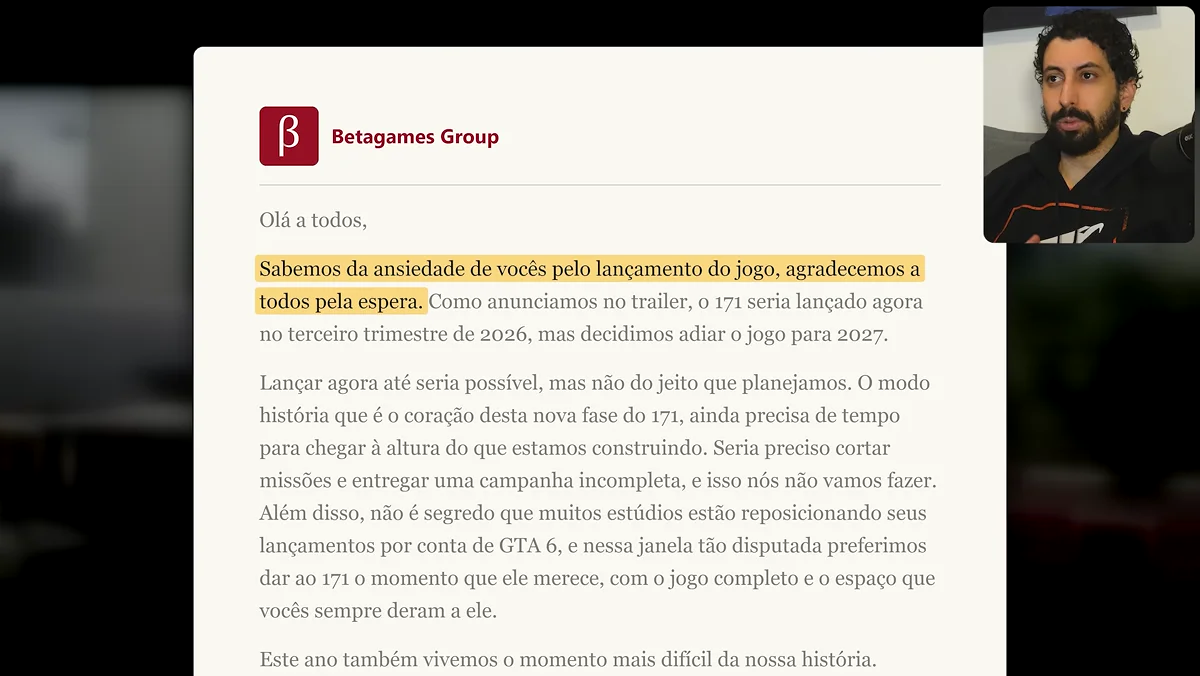 Comunicado da Beta Games Group sobre o adiamento de 171 para 2027