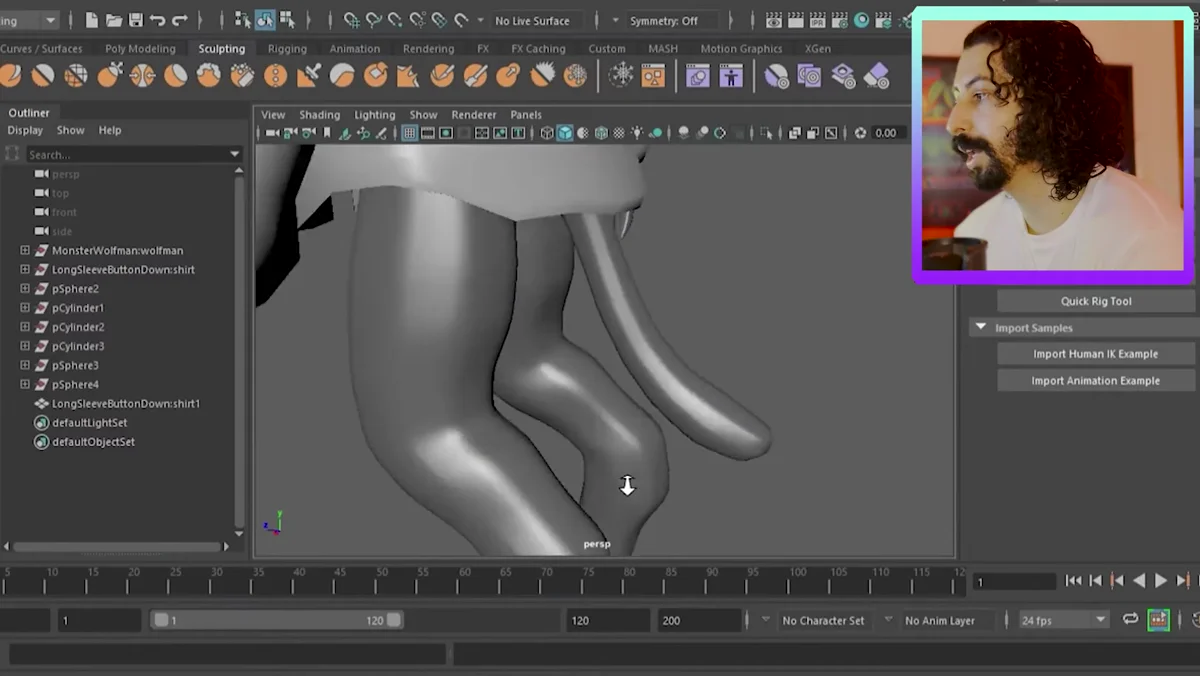Malha das pernas de um personagem sendo modelada no Autodesk Maya