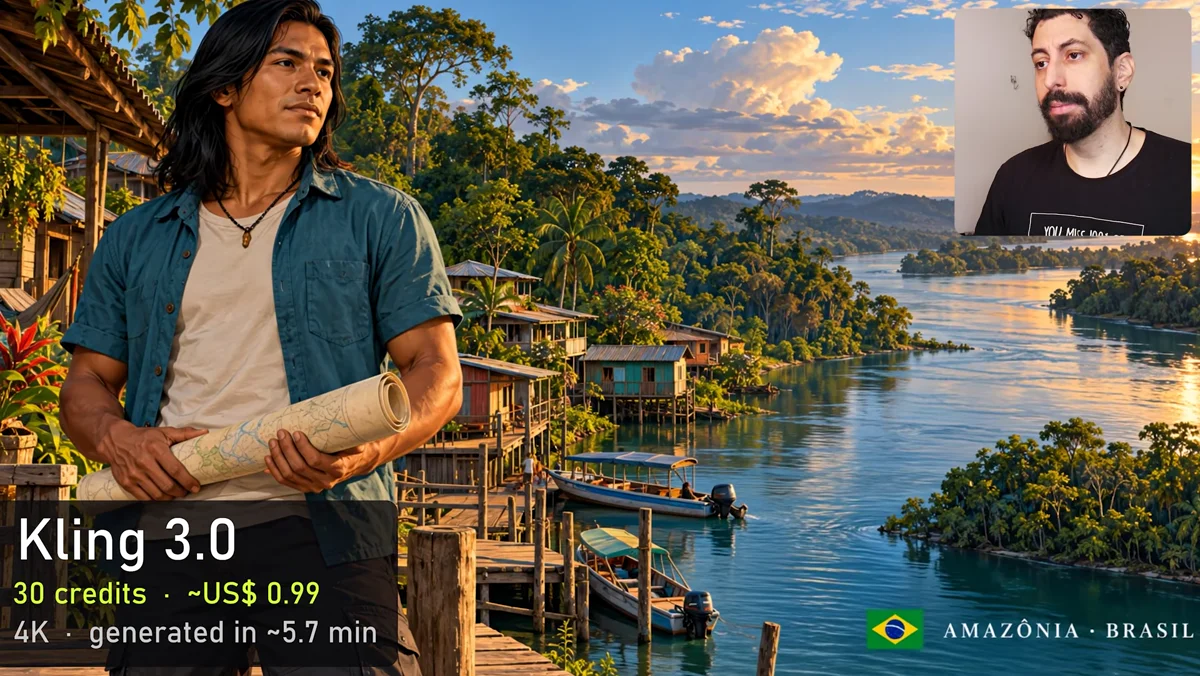 Imagem gerada de personagem diante de paisagem amazônica, com apresentador no canto