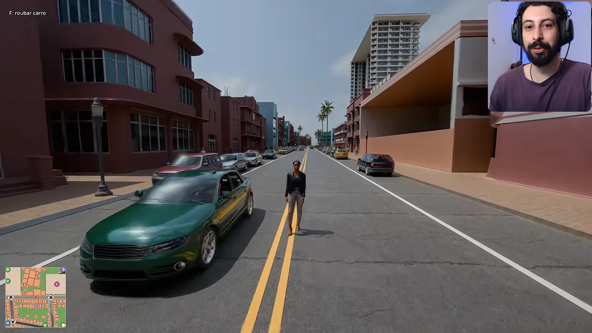 Cidade do projeto GTA na Godot com reflexos e raios de luz