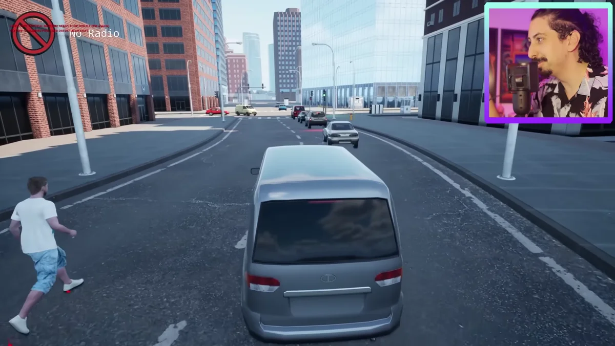 Pedestre correndo ao lado de uma van em avenida de cidade 3D