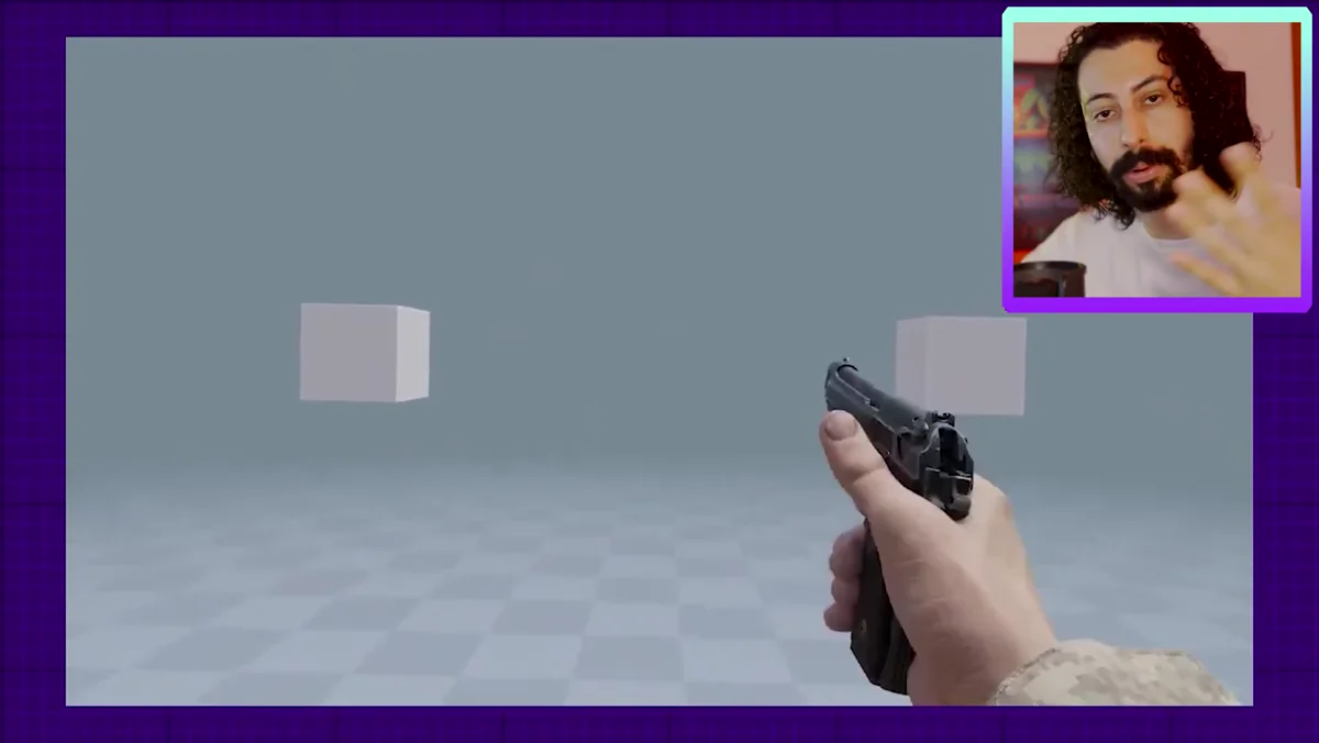 Pistola em primeira pessoa em um mapa de testes com cubos na Unreal Engine