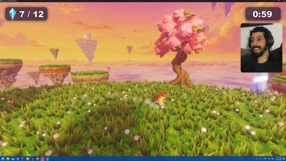 Jogo de plataforma 3D com cristais e vegetação