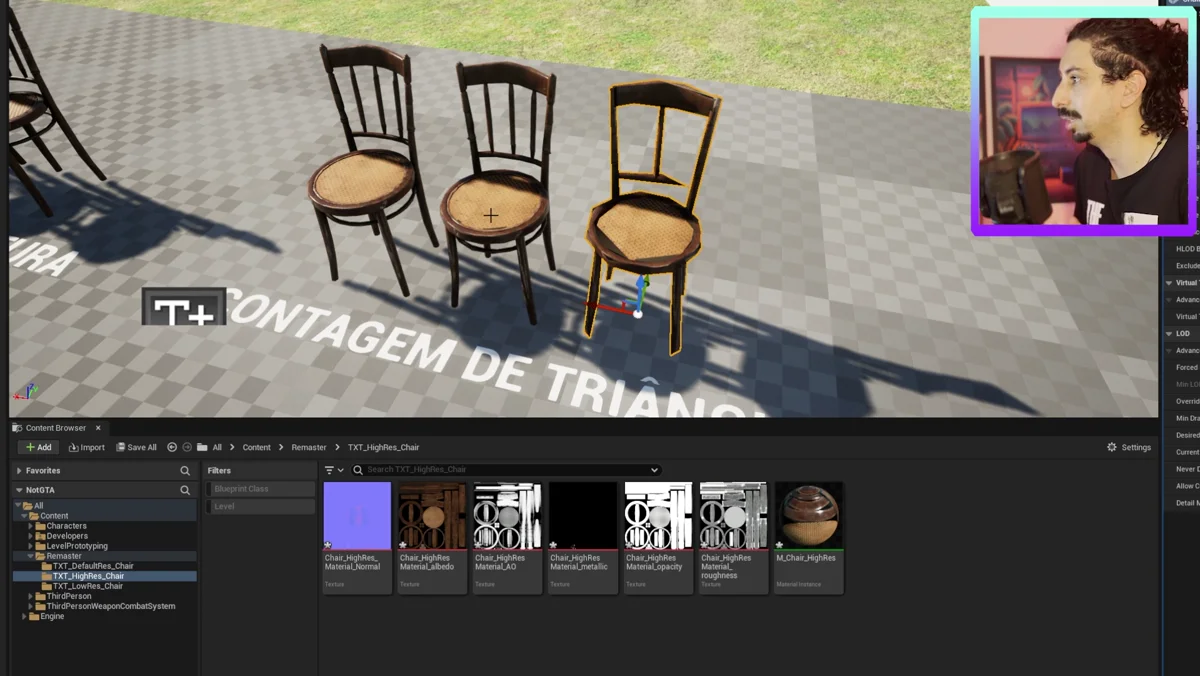 Modelos de cadeiras com diferentes níveis de polígonos em uma cena 3D