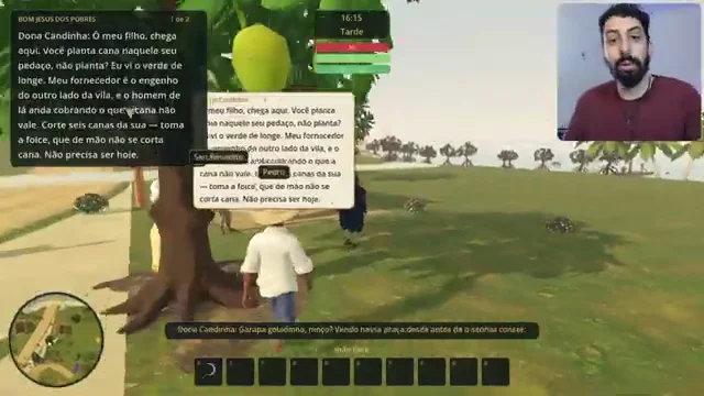 Personagem explora cenário de jogo com interface na tela