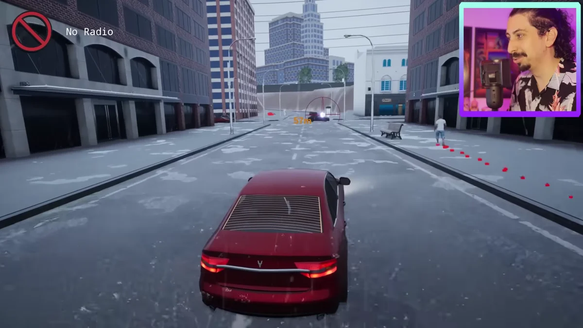 Carro vermelho em rua de cidade 3D em projeto no estilo GTA
