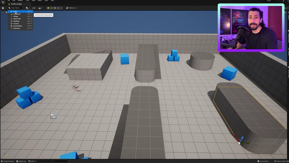 Interface da Unreal Engine com viewport, Outliner e painel Details