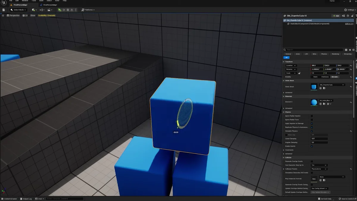 Viewport da Unreal Engine com objeto selecionado e controles de transformação
